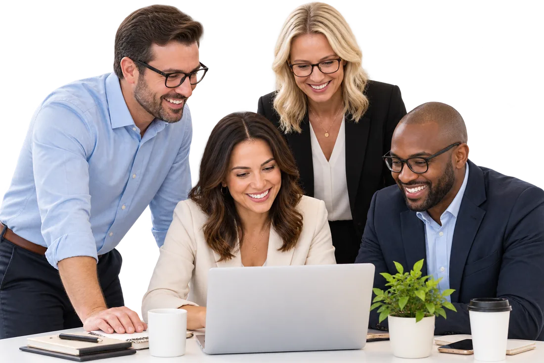 A small group of business owners working together around a laptop